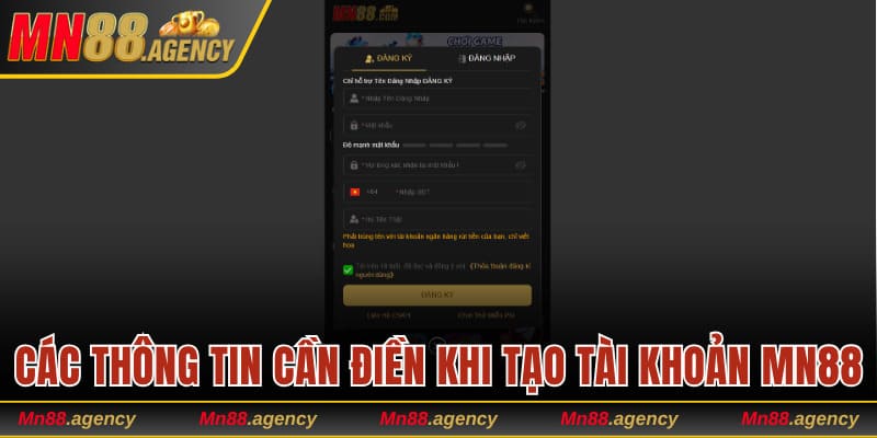 Các thông tin cần điền khi tạo tài khoản MN88