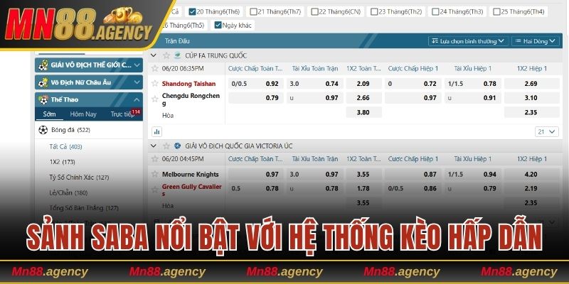 Sảnh Saba nổi bật với hệ thống kèo hấp dẫn